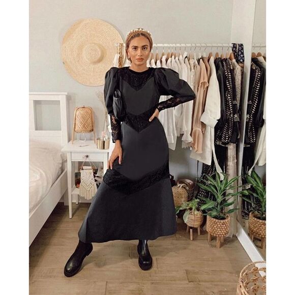 Lace Dress H&M Black Taffeta NWT Puff Sleeves - Picture 10 of 12